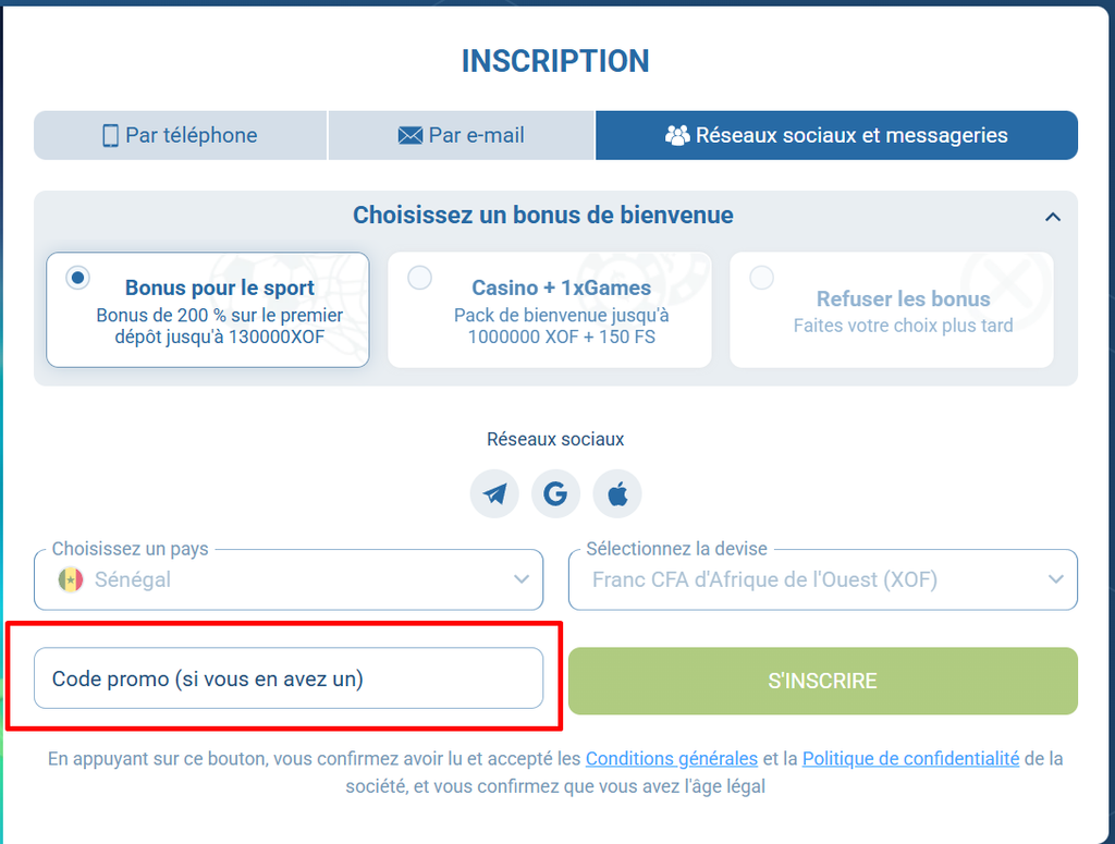 Code promo 1xBet à l'inscription